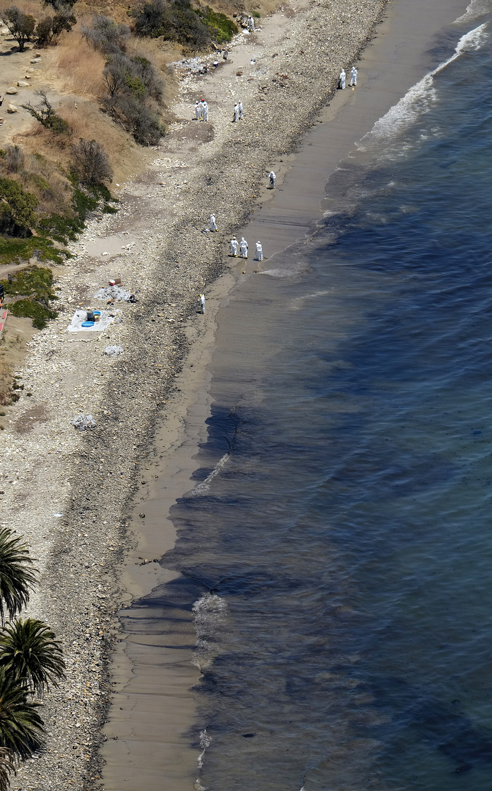 Oil in the surf at Refugio State Beach after a broken onshore pipeline spewed oil down a storm drain and into the ocean. (The Associated Press)
