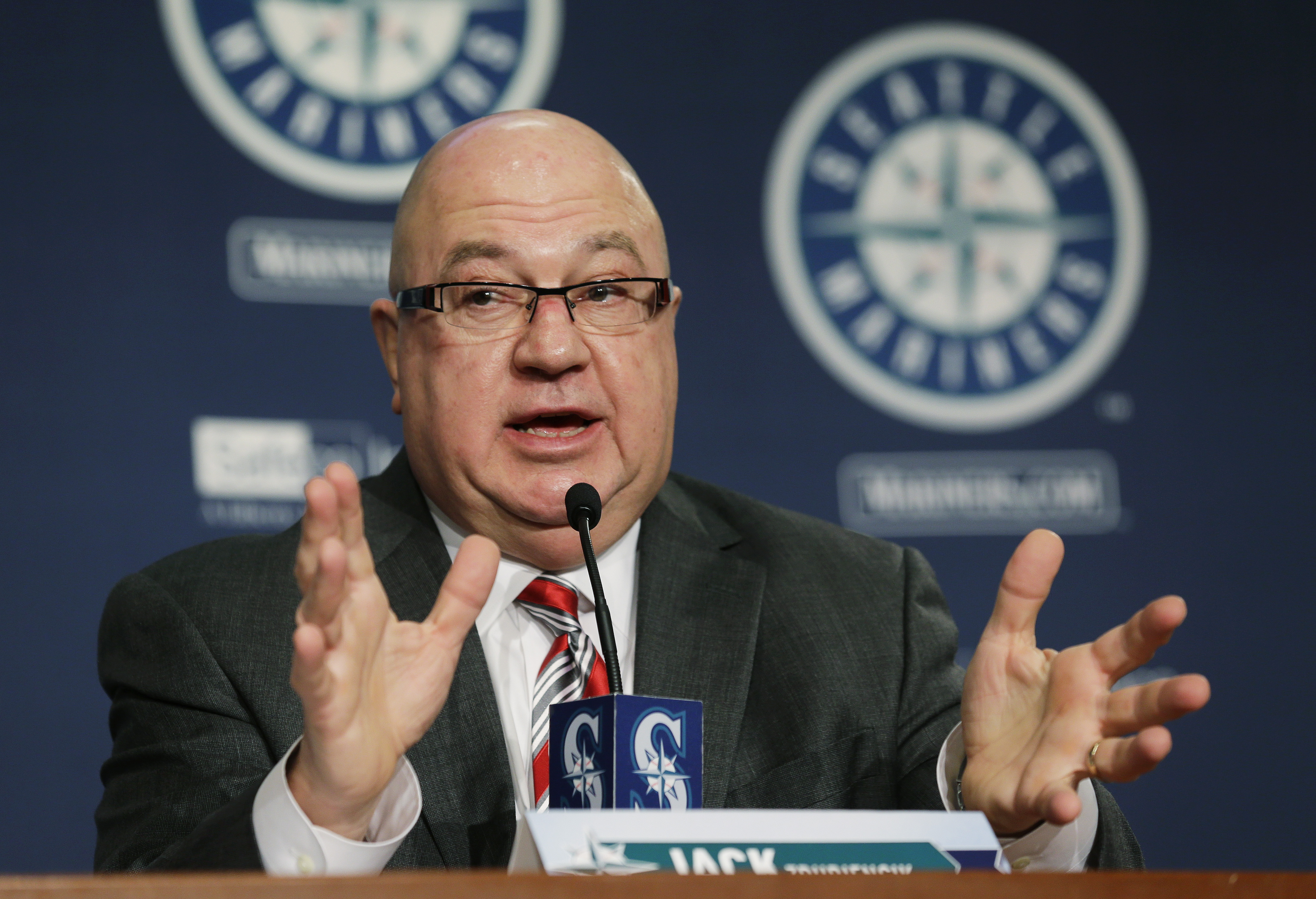 Jack Zduriencik talks to reporters at a press conference in Seattle in January. The Seattle Mariners have fired general manager Jack Zduriencik after seven disappointing seasons during which the club failed to end its playoff drought. Team President Kevin Mather announced the decision to fire Zduriencik on Friday. Assistant general manager Jeff Kingston will take over on an interim basis. Ted S. Warren/The Associated Press