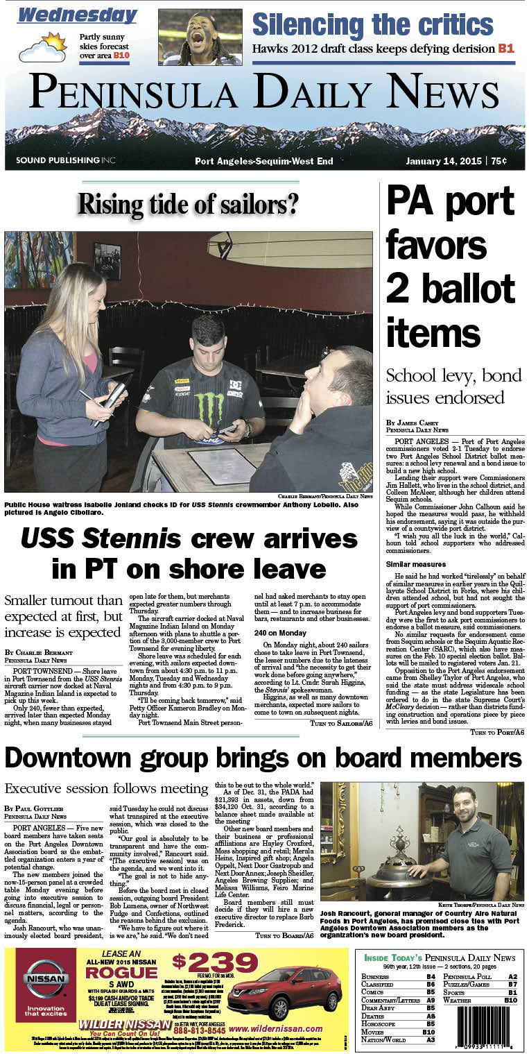 Here is today's front page for our  readers in Clallam county — news tailored to your community. There's more inside that isn't online! ()