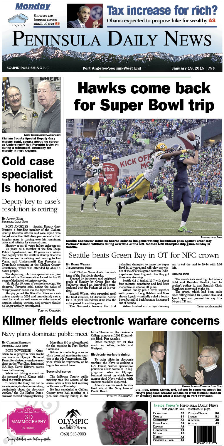 Here is today's front page for our  readers in Clallam County — news tailored to your community. There's more inside that isn't online! ()