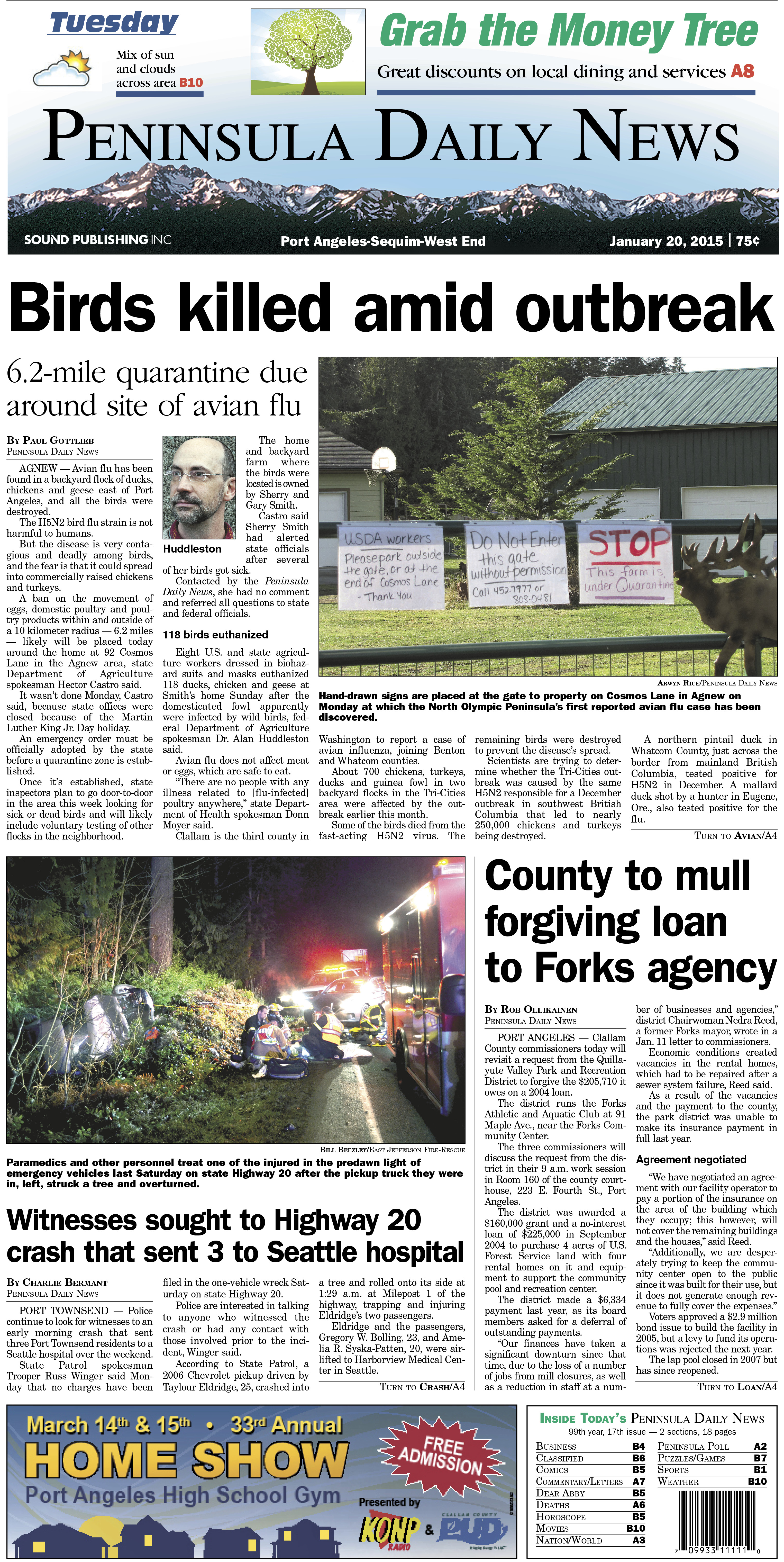 Here is today's front page for our  readers in Clallam County — news tailored to your community. There's more inside that isn't online! ()