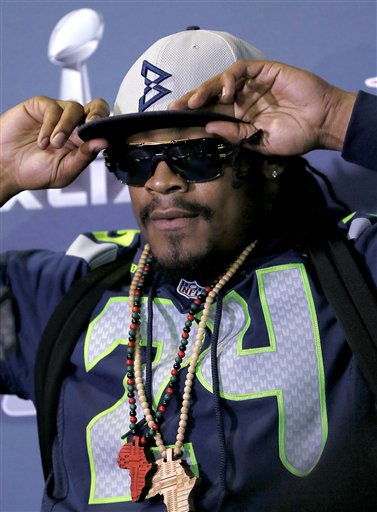 The NFL may not like those "Beast Mode" caps Marshawn Lynch has been wearing during his Super Bowl press appearances