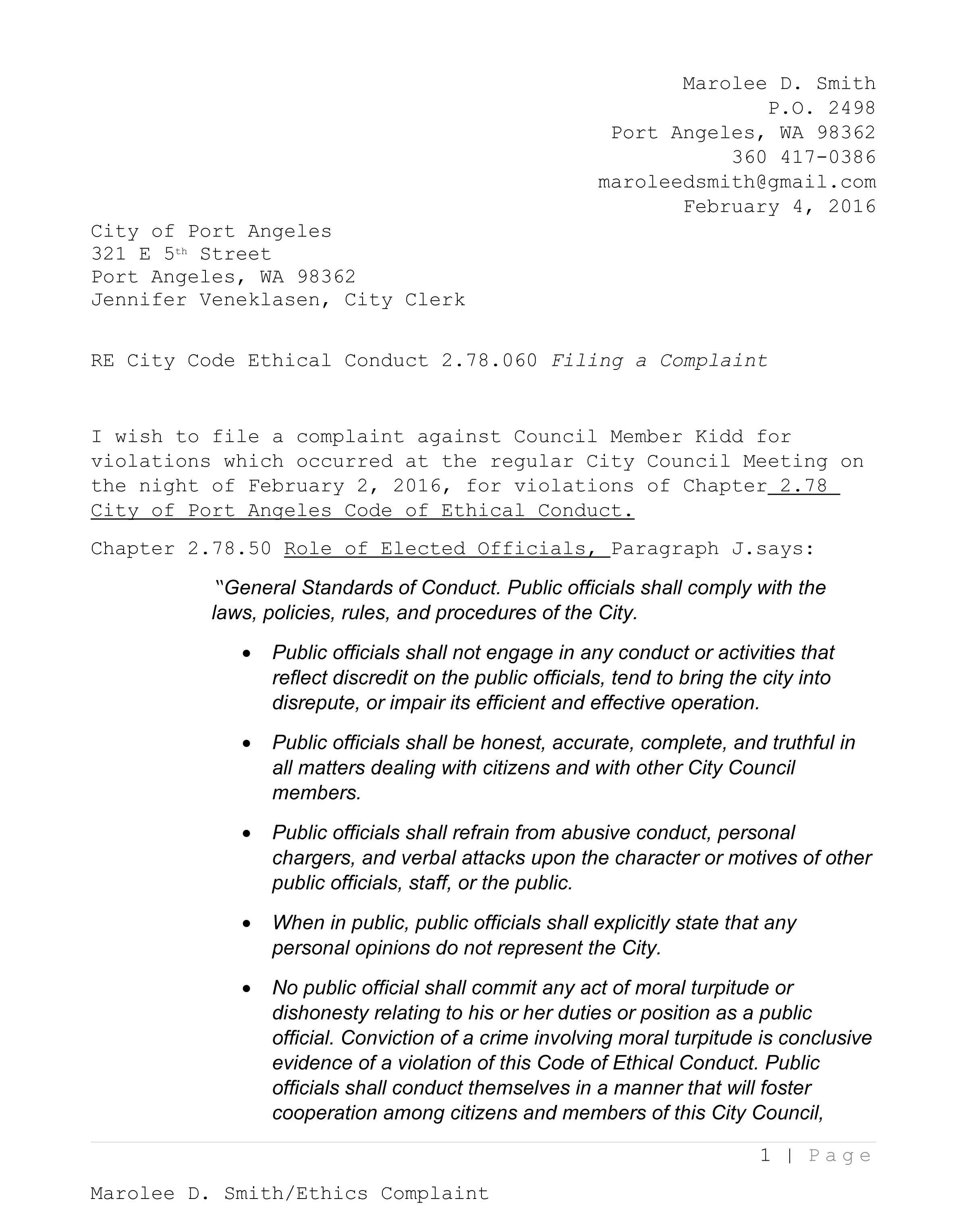 This is one of seven pages of an ethics complaint filed by Marolee Smith against Deputy Mayor Cherie Kidd. To view a larger version of any page