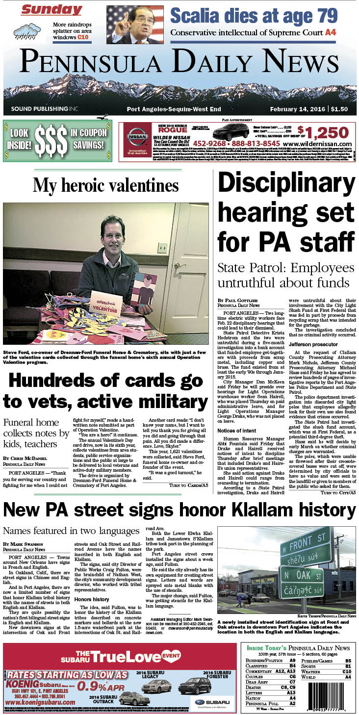 Today's front page tailored for the PDN's readers in Clallam County. There's more inside that isn't online! ()