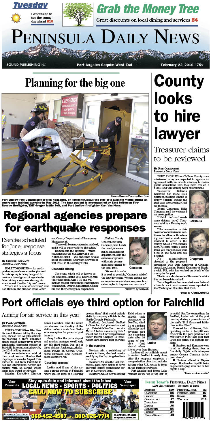 Today's front page tailored for the PDN's readers in Clallam County. There's more inside that isn't online! ()