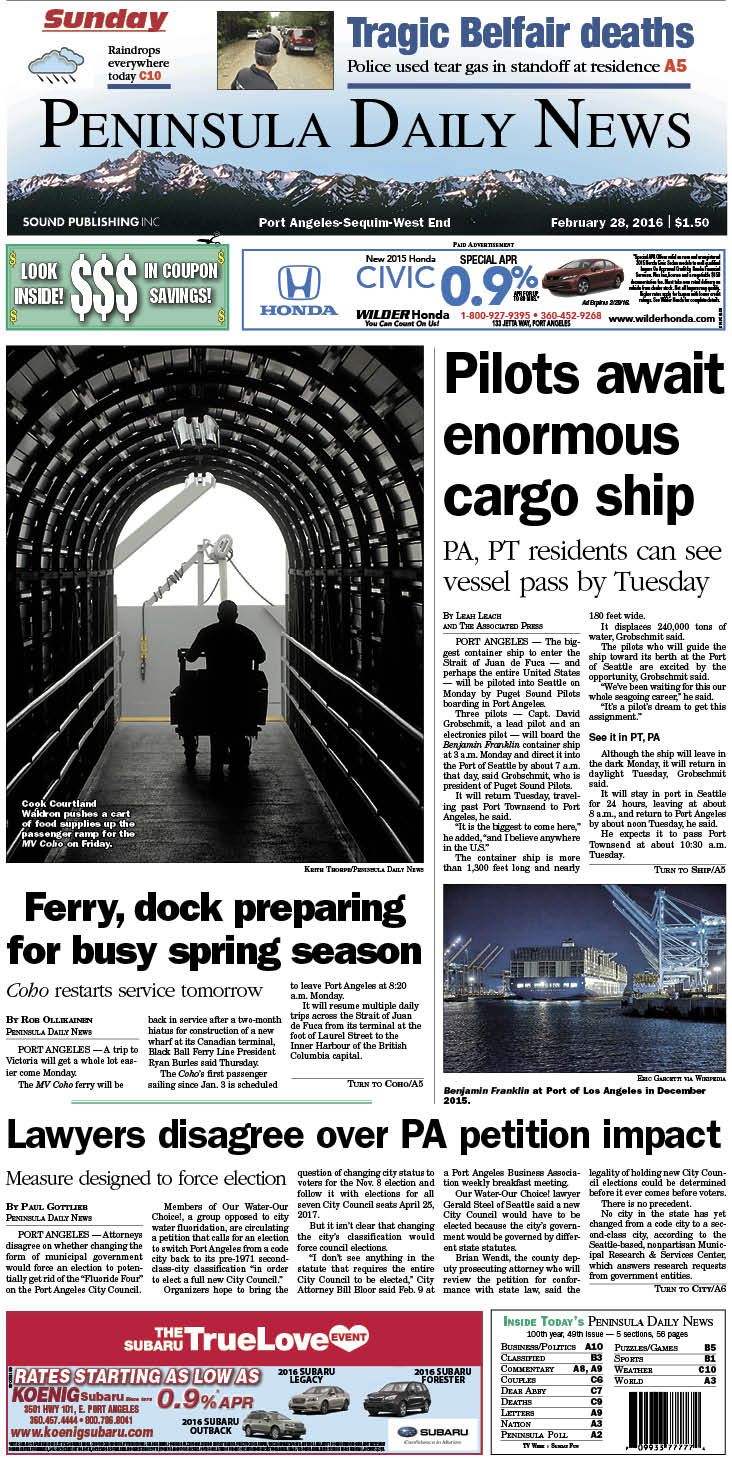 Today's front page tailored for the PDN's readers in Clallam County. There's more inside that isn't online! ()