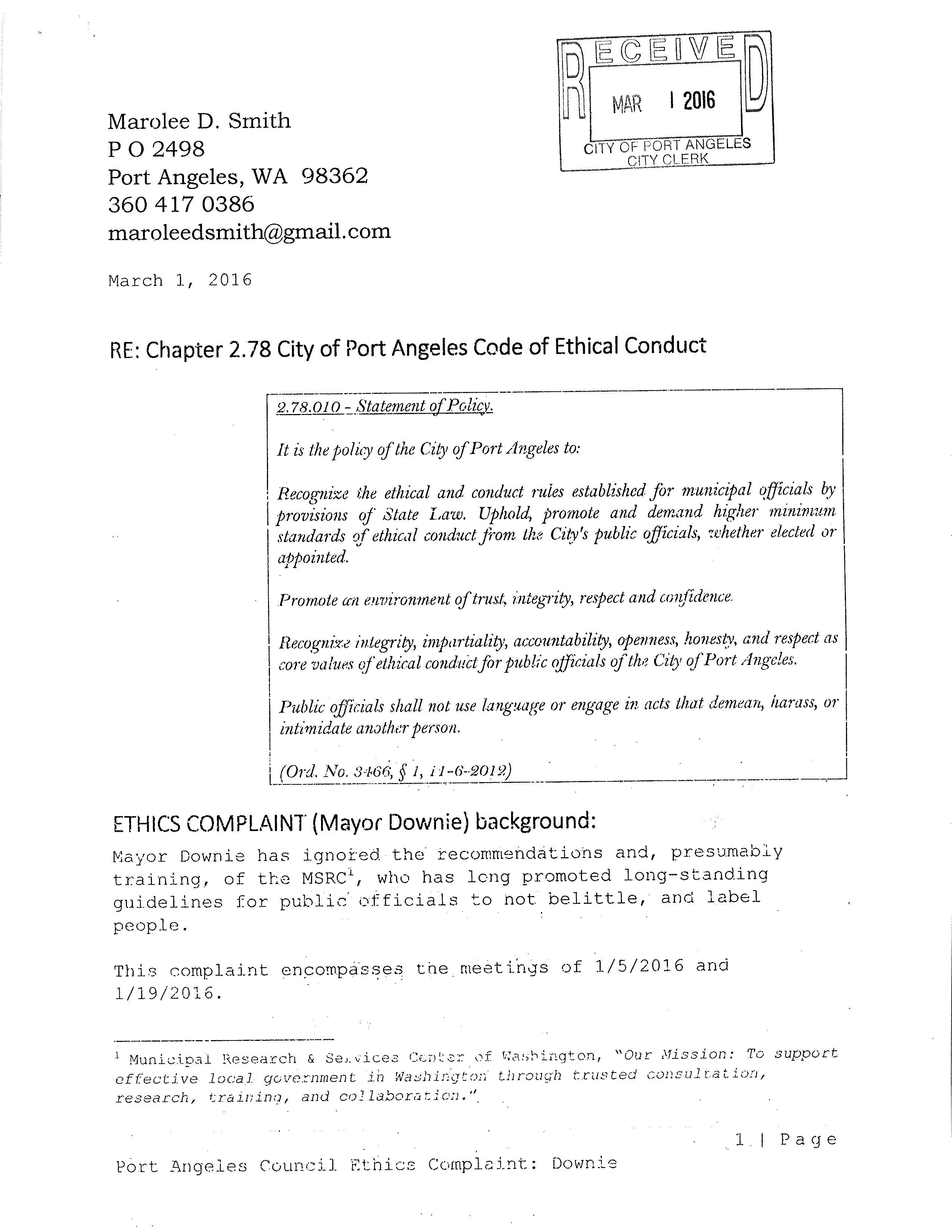 Resident Marolee Smith filed this ethics complaint against Port Angeles Mayor Patrick Downie on Tuesday night. ()
