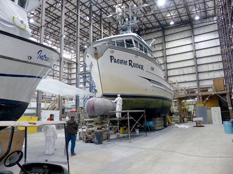 Pacific Raider gets a new bulbous bow in Platypus Marine's Commander Building in Port Angeles. (David G. Sellars/for Peninsula Daily News)