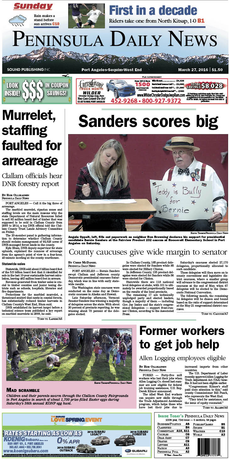 Today's front page tailored for the PDN's readers in Clallam County. There's more inside that isn't online! ()