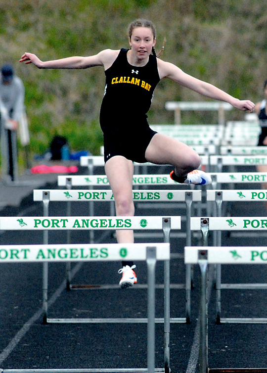 Molly McCoy of Clallam Bay placed first in the girls 100-meter hurdles. (Keith Thorpe/Peninsula Daily News)