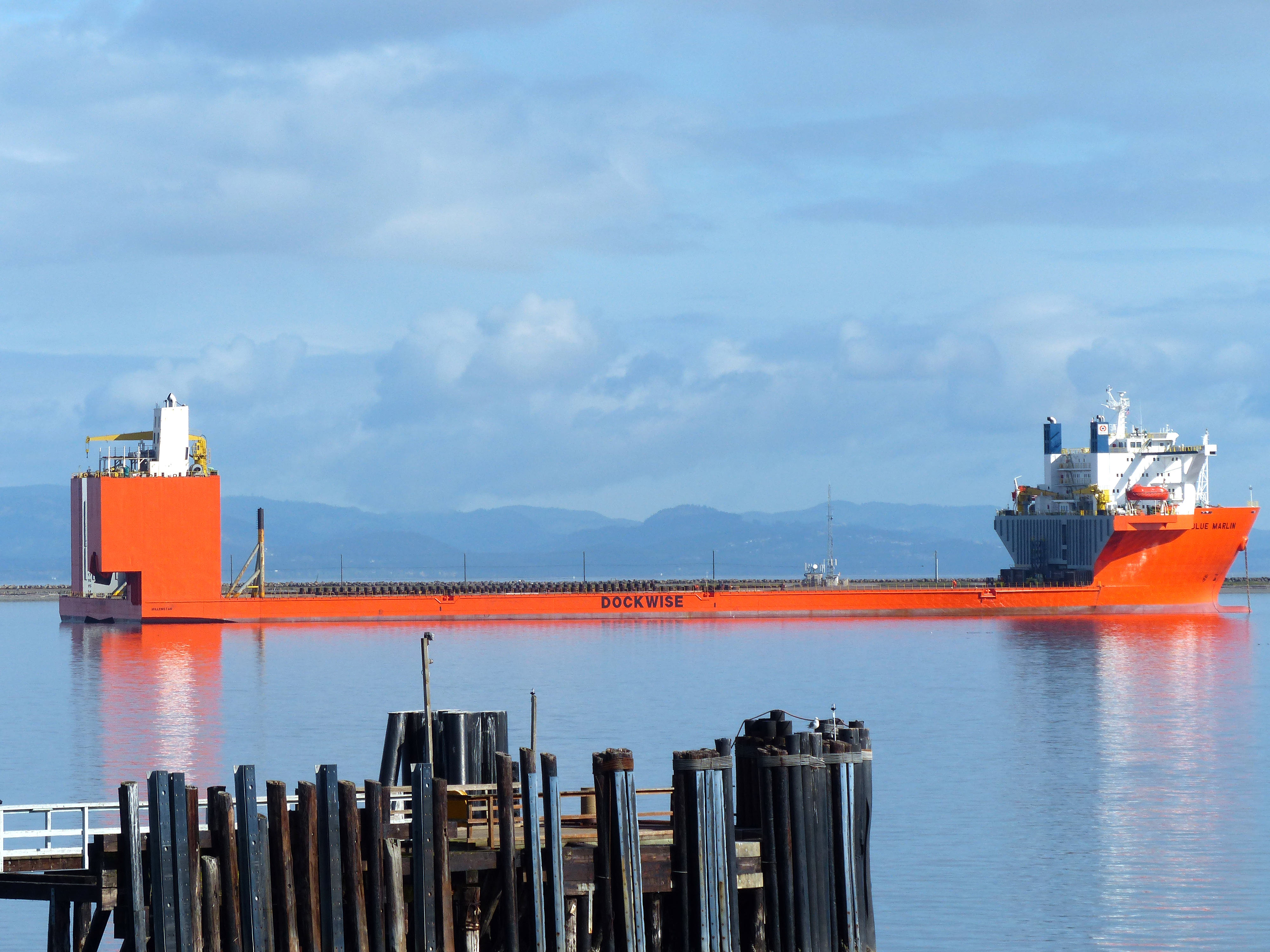 The Blue Marlin sits in Port Angeles Harbor after shedding the tall oil rig Polar Pioneer. (David G. Sellars/for Peninsula Daily News)