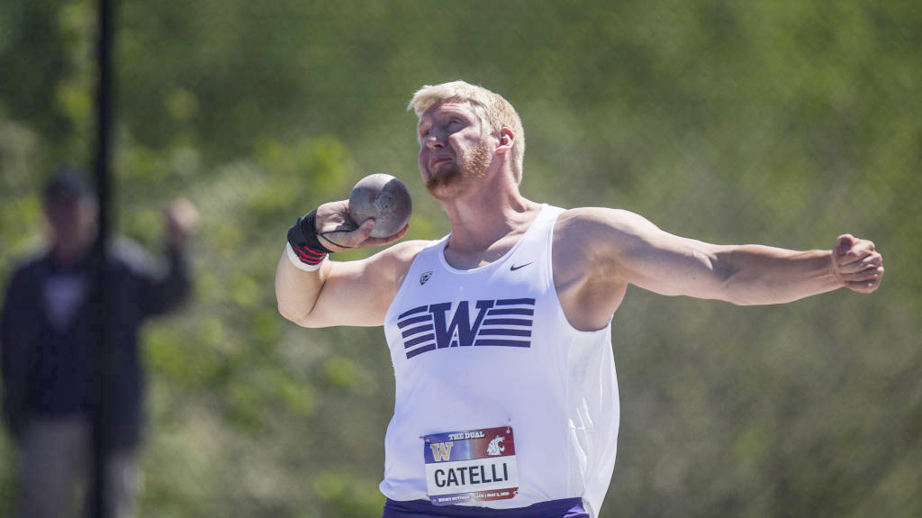 Sequim's Frank Catelli won the shot put and discus events for the Washington men's track and field team during a dual meet with Washington State in Seattle on Saturday. (University of Washington Athletics)