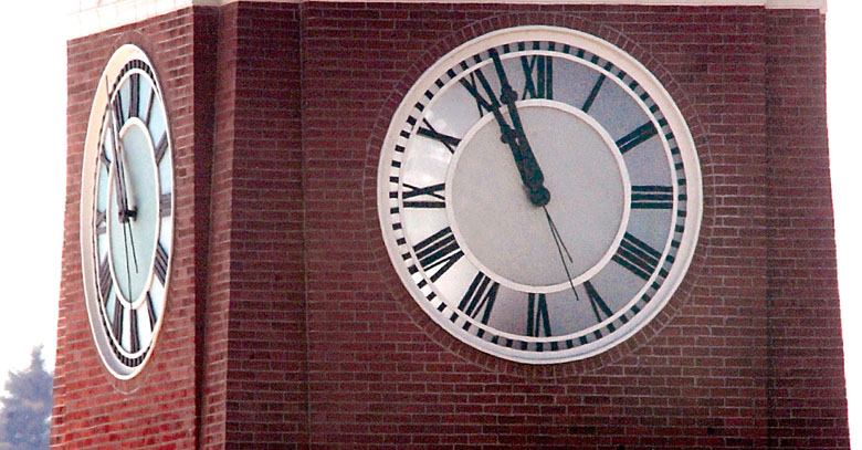The clock at the Clallam County Courthouse in Port Angeles will be stopped until next Wednesday while it undergoes scheduled maintenance. (Keith Thorpe/Peninsula Daily News)