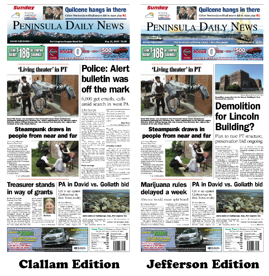 Today's front pages tailored for the PDN's Clallam County and Jefferson County readers. There's more inside that isn't online! ()