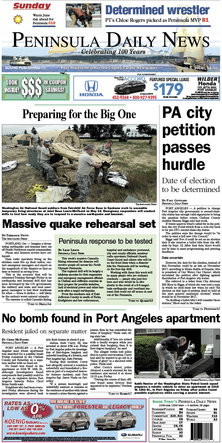 Today's front page tailored for the PDN's readers in Clallam County. There's more inside that isn't online! ()