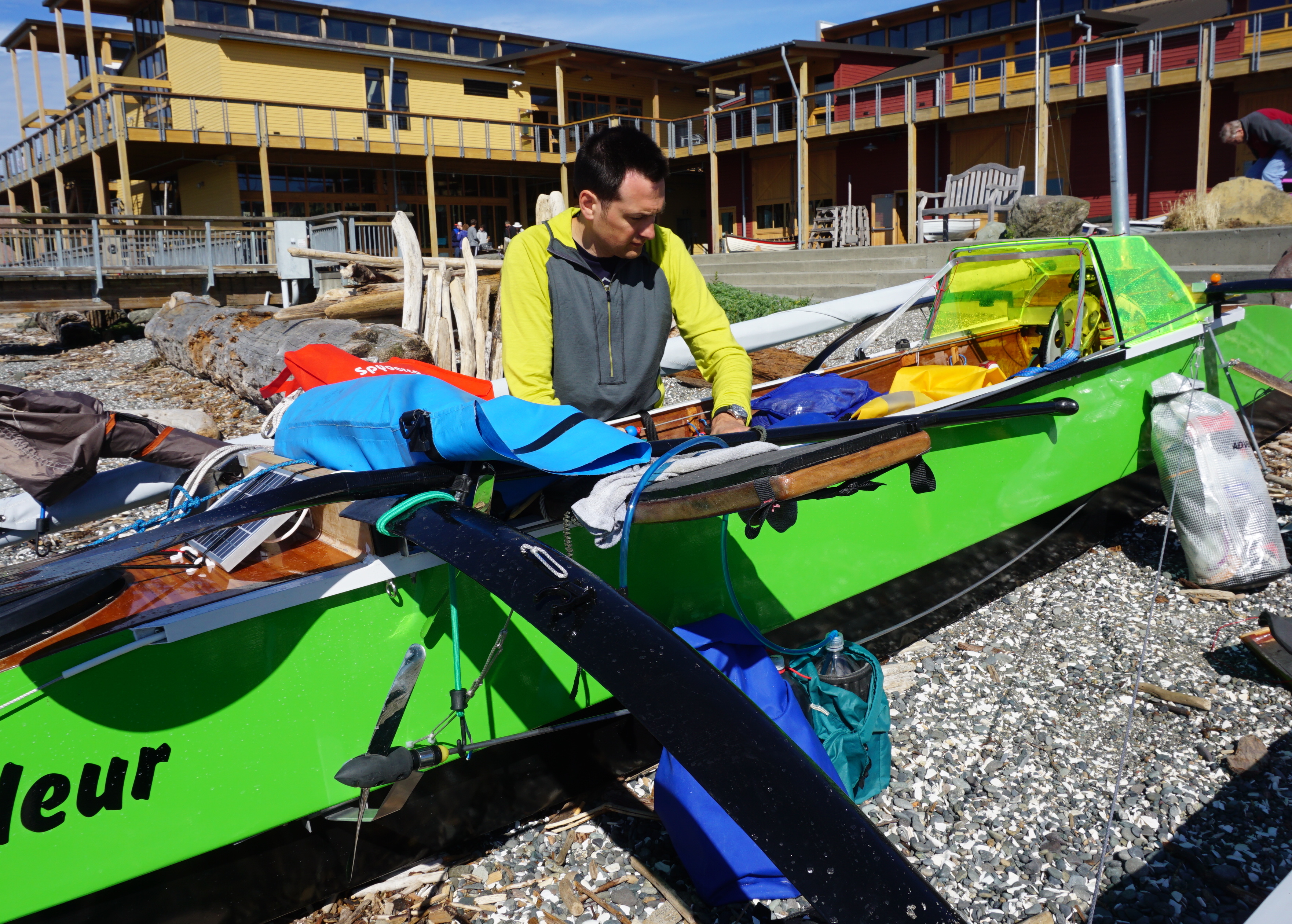 Matt Johnson of Seattle prepares his one-man pedaled trimaran for the Race to Alaska