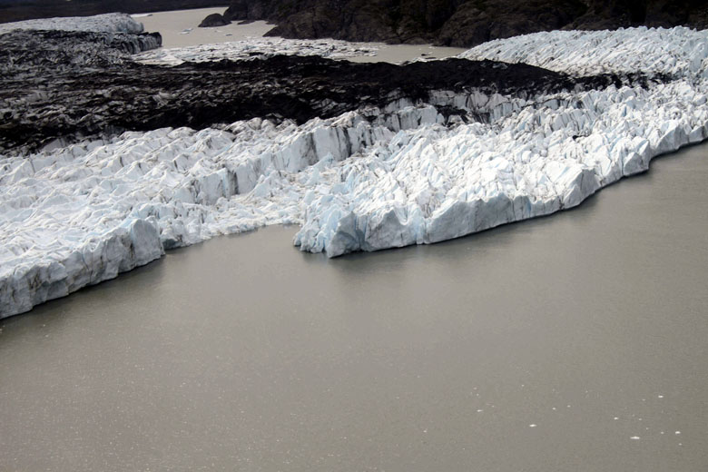 The toe or leading edge of Colony Glacier and Inner Lake George is shown near Anchorage