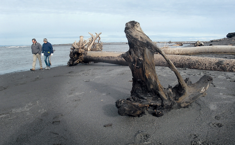 John and Cammy Thomas of Port Angeles walk along the water's edge at the mouth of the Elwha River west of Port Angeles on Saturday. (Keith Thorpe/Peninsula Daily News)