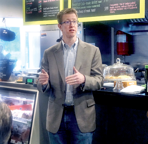 U.S. Rep. Derek Kilmer spoke to the North Hood Canal Chamber of Commerce in Quilcene on Friday. (Charlie Bermant/Peninsula Daily News)