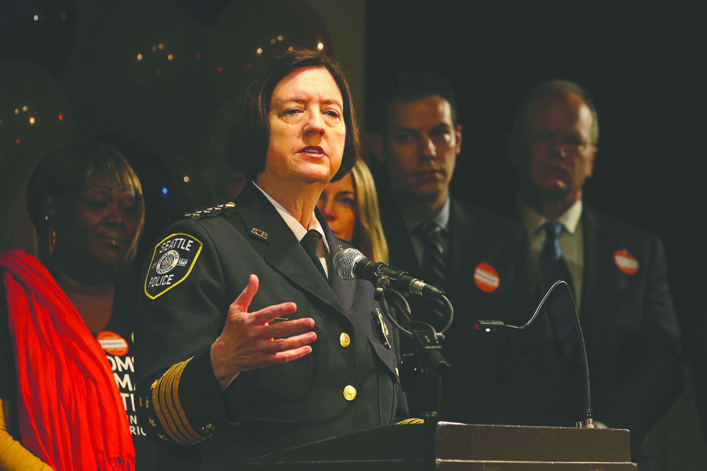 Seattle Police Chief Kathleen O'Toole on Thursday in Seattle endorses a proposed statewide initiative campaign to create extreme-risk protection orders in Washington. (Greg Gilbert