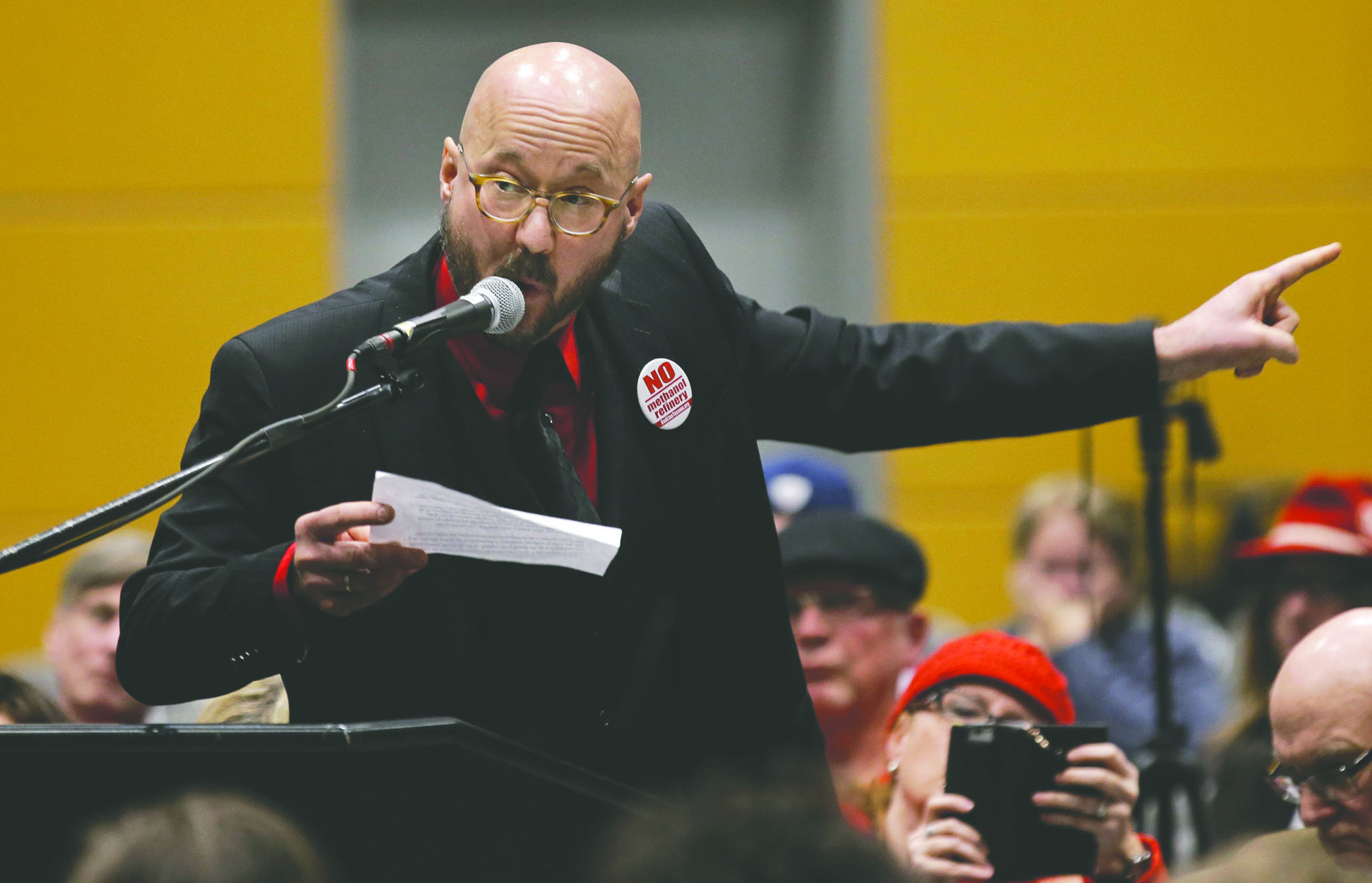 Doug Mackey of Tacoma speaks against a methanol plant proposed for the Port of Tacoma during a public meeting held Feb. 10 in Tacoma to gather opinion on the topic. (The Associated Press)