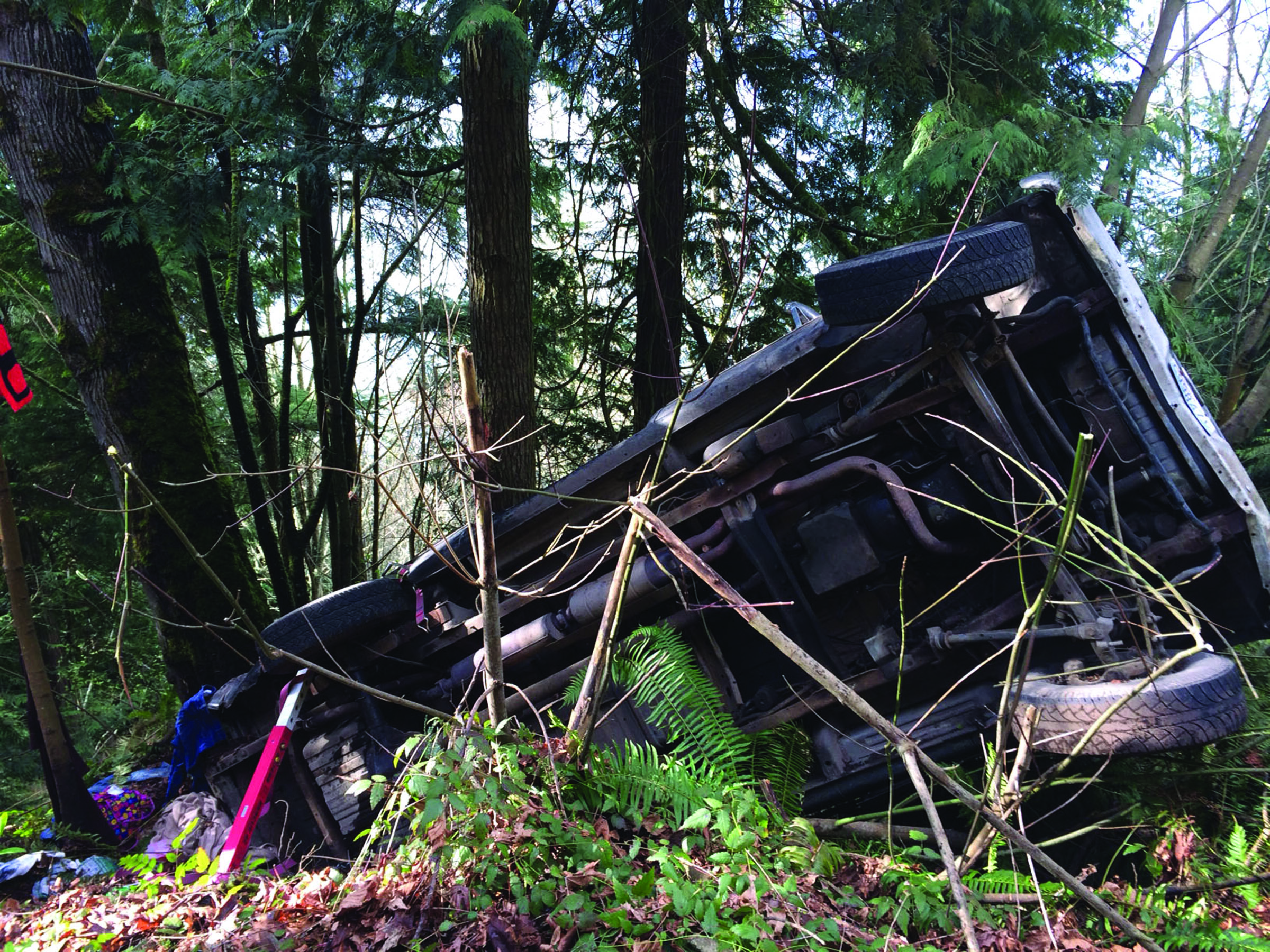 A diesel truck with five people inside flipped over Tuesday afternoon on state Highway 20. (East Jefferson Fire-Rescue)