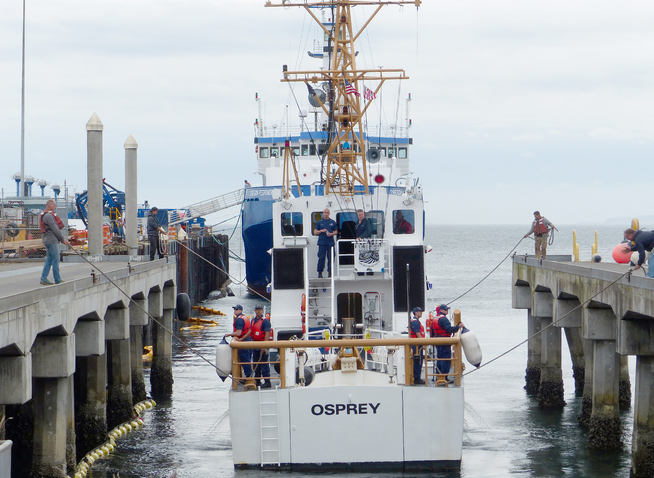 The 87-foot Coast Guard patrol boat Osprey positioning itself to be hauled out at Platypus Marine in Port Angeles. — David G. Sellars/for Peninsula Daily News ()