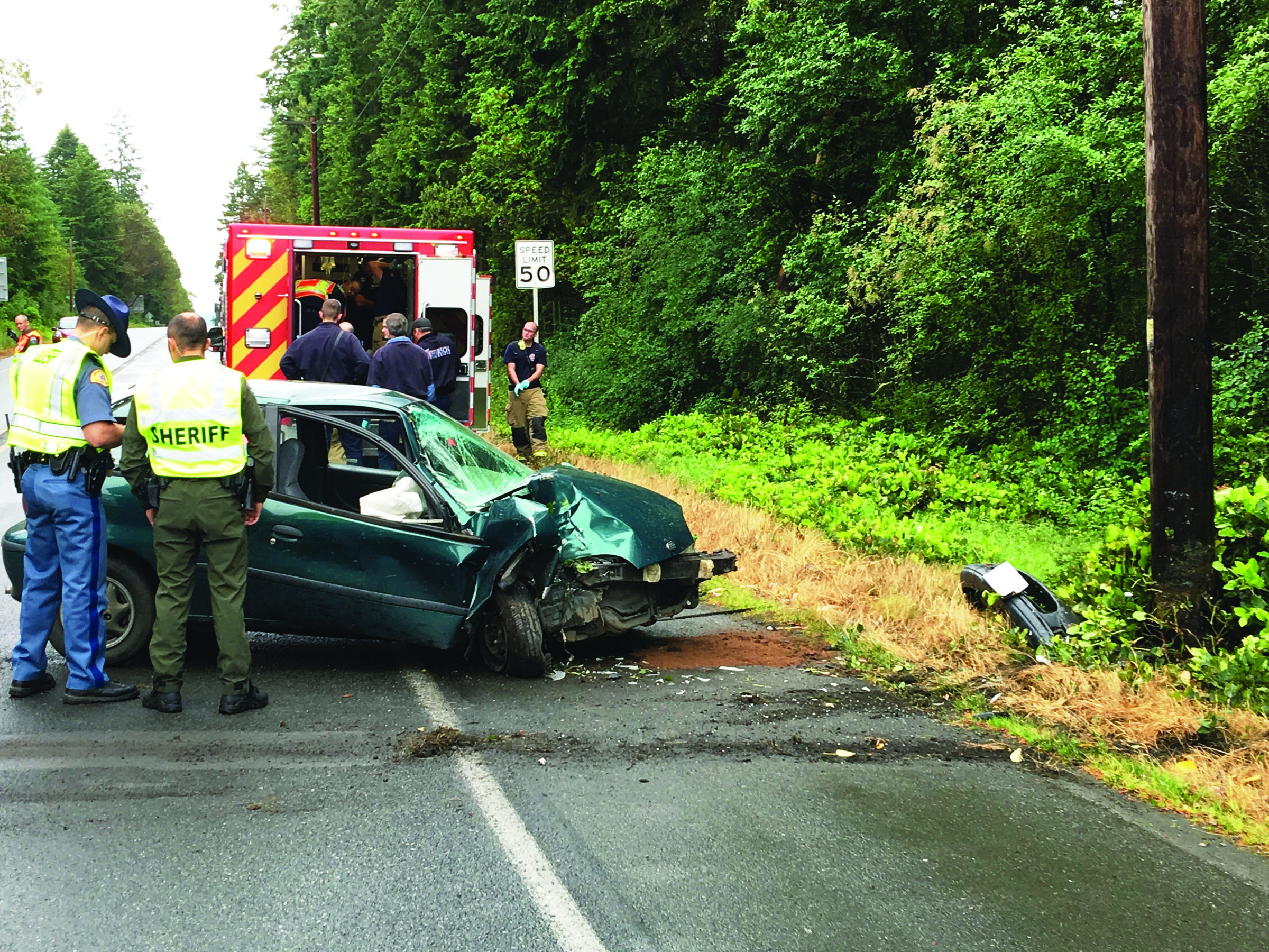A Port Hadlock man was injured in this wreck on state Highway 19 south of Port Townsend on Sunday. — East Jefferson Fire-Rescue ()