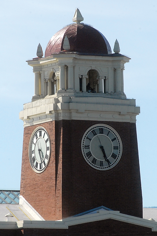 The clock in the Clallam County Courthouse tower is shown Saturday stopped at 5:26. — Keith Thorpe/Peninsula Daily News ()