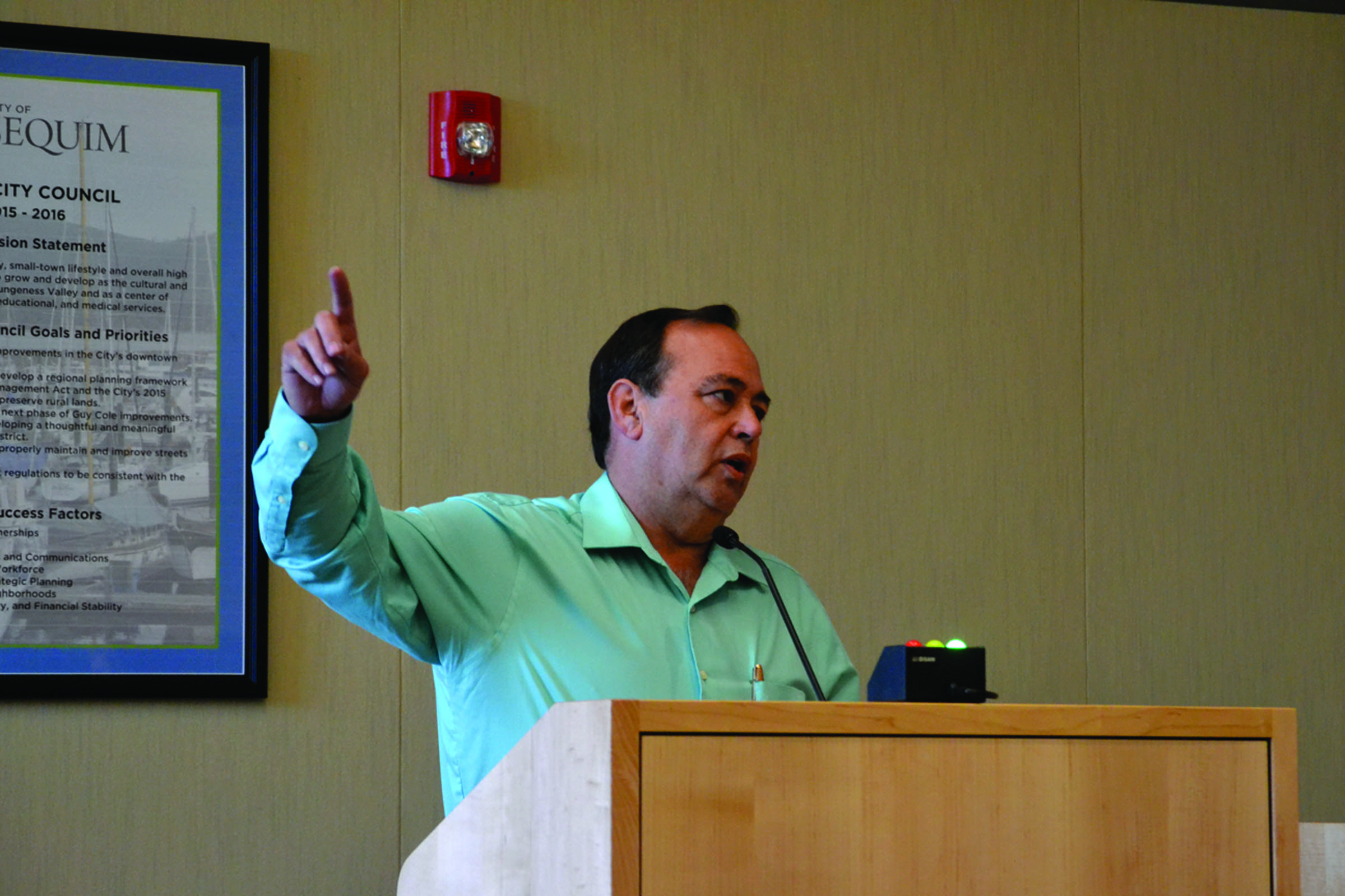 The Rev. Randy Hurlbut of Sequim Valley Foursquare Church speaks to the Sequim City Council about why he is in favor of firework sales in city limits. — Matthew Nash/Olympic Peninsula News Group ()