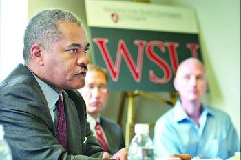 Elson Floyd meets with Clallam County economic development leaders during a visit to the North Olympic Peninsula in 2010. The Washington State University president died Saturday. —Photo by Chris Tucker/Peninsula Daily News ()