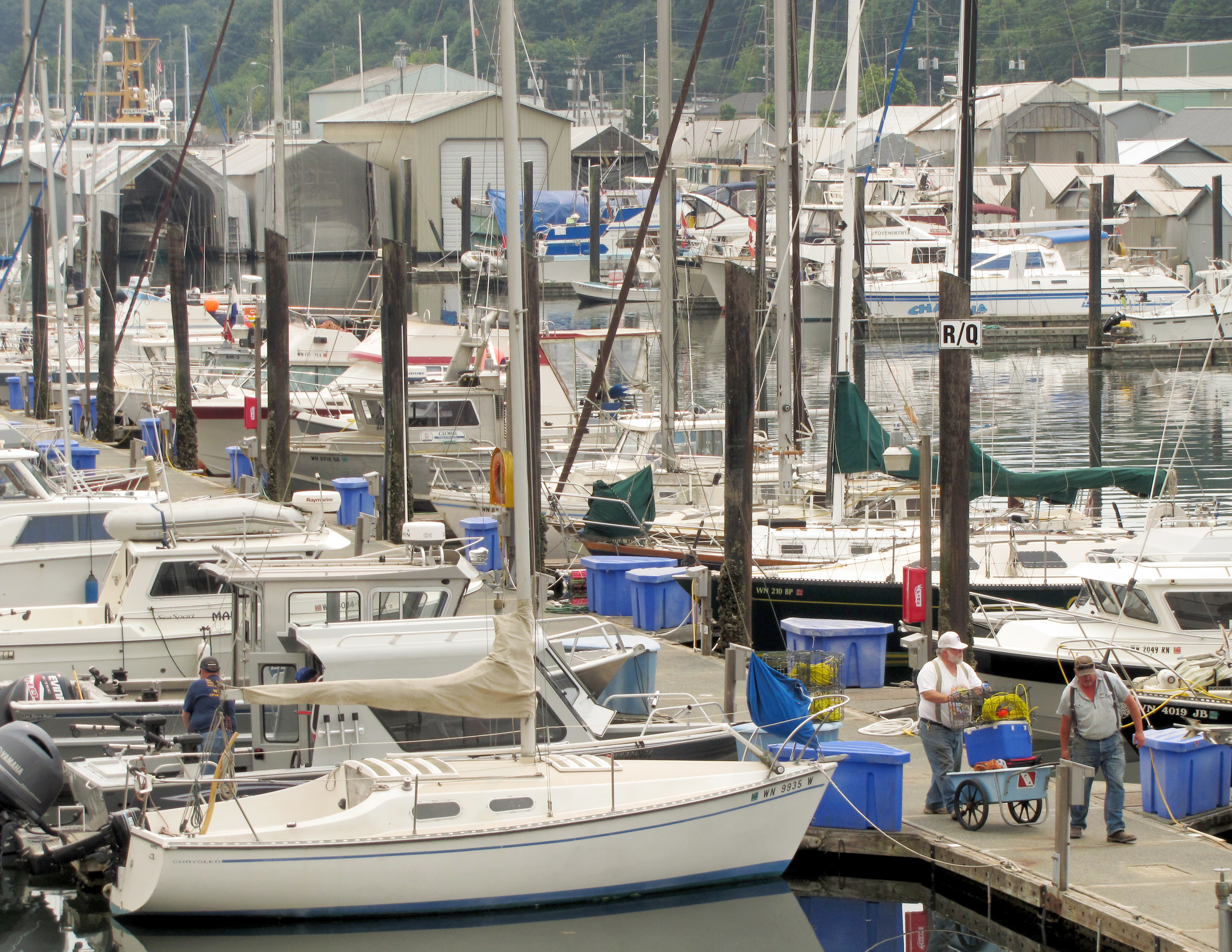 Two anglers bring their catch to shore at the Port Angeles Boat Haven on Sunday. —Photo by Arwyn Rice/Peninsula Daily News
