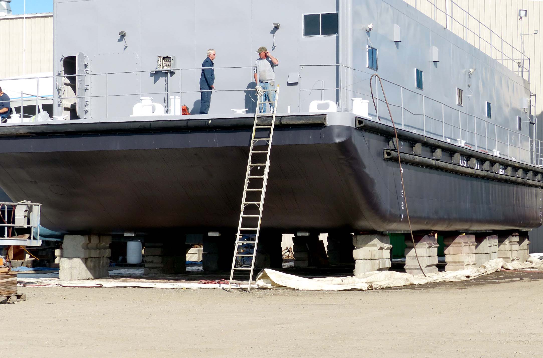 The Navy barge YFN 1217 is shown on the hard at Platypus Marine Inc. in Port Angeles before she was put back in the water last week. —Photo by David G. Sellars/for Peninsula Daily News