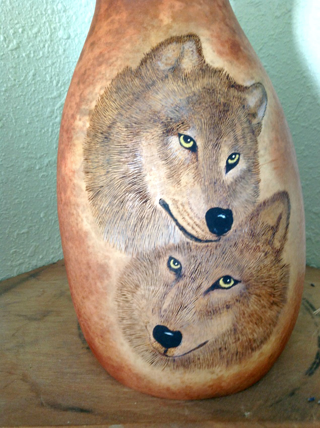 Debbie Cain’s “Twin Wolf Thunder Drum” awaits visitors to downtown Sequim’s Blue Whole Gallery tonight.