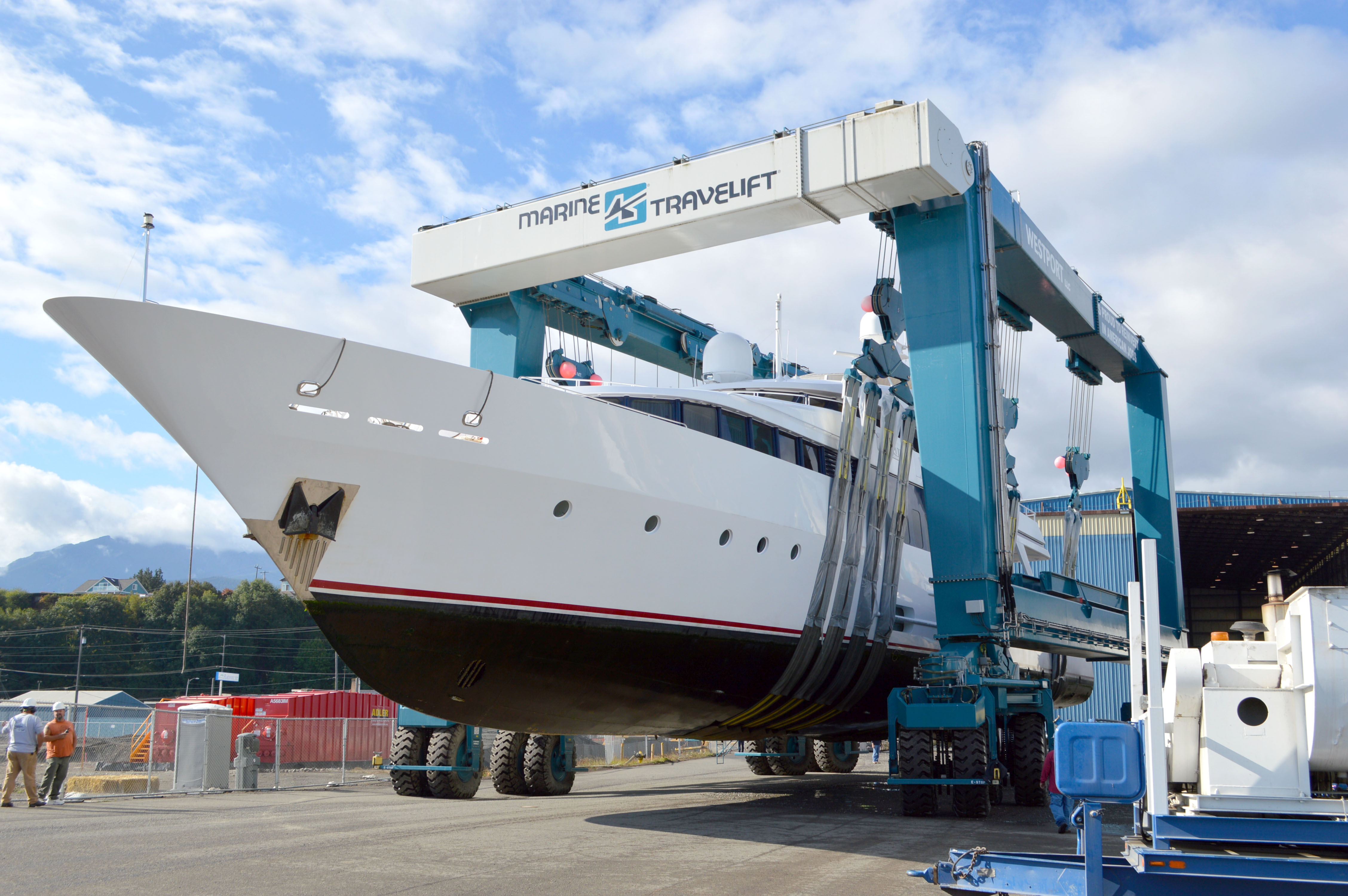 The superyacht Be Mine is hauled out of the water by Westport's 550-ton TraveLift. Brad Hale