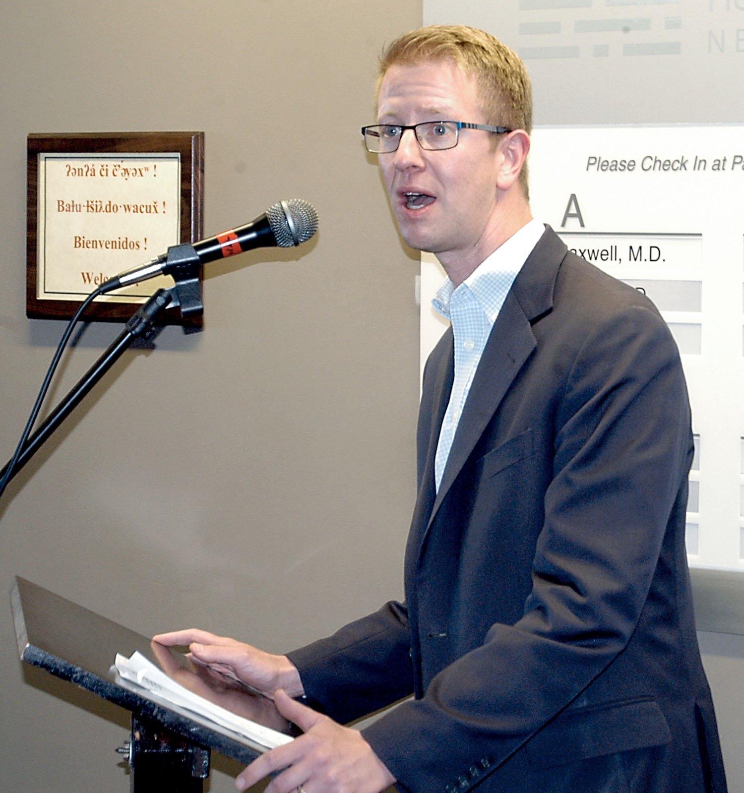 U.S. Rep. Derek Kilmer speaks Monday at an event to celebrate the former Family Medicine of Port Angeles clinic's transition to the North Olympic Healthcare Network. — Rob Ollikainen/Peninsula Daily News