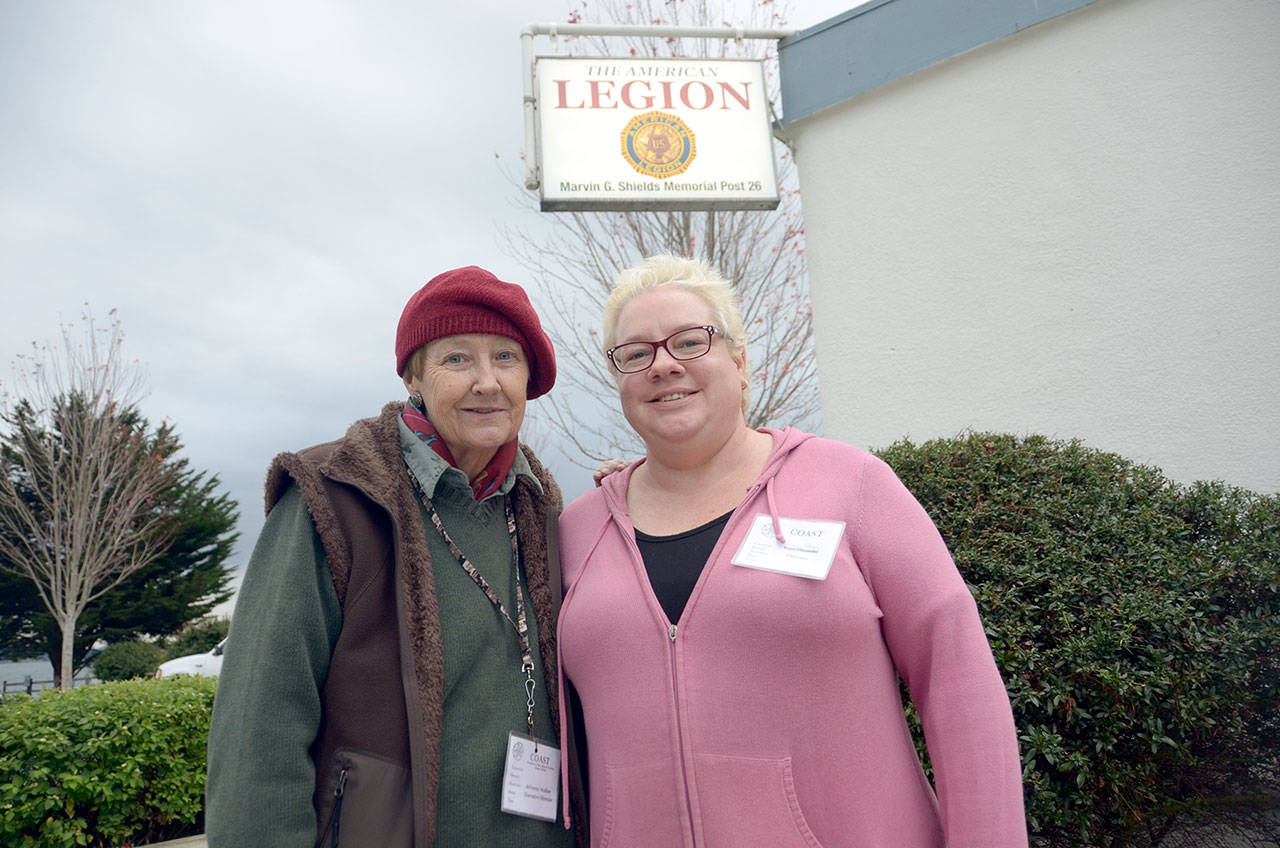 Heaven Gregg, left, chair of the COAST board, and deForest Walker, executive director of COAST, opened up the winter shelter for its first day of service Wednesday afternoon in Port Townsend. (Cydney McFarland/Peninsula Daily News)