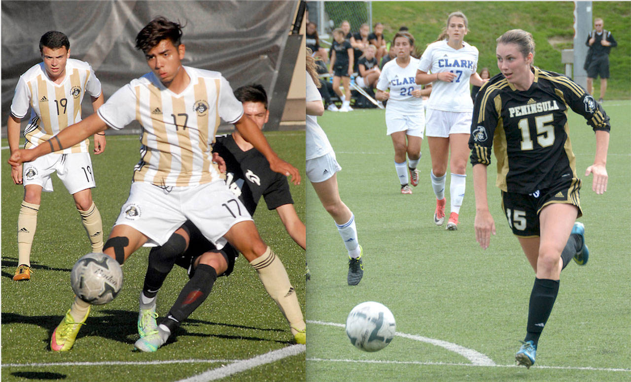 Peninsula College’s Cesar Gervacio, left, and Sydney Warren, right, were named the Northwest Athletic Conference’s most valuable players for men and women’s soccer.
