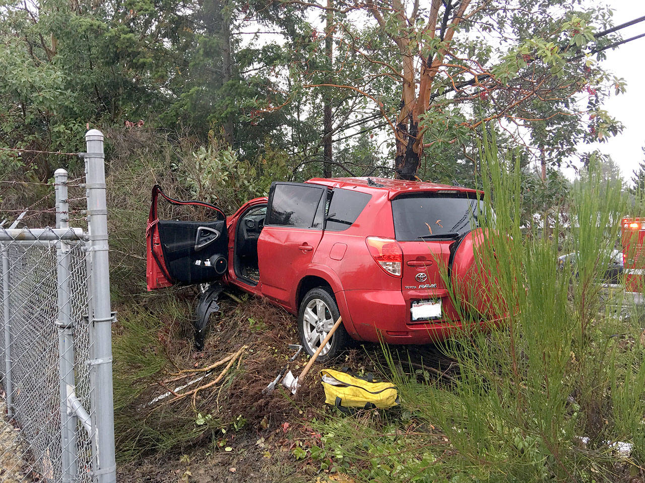 A Port Ludlow woman and her passenger were injured when a large madrona tree limb fell on their vehicle on state Highway 20 during Monday afternoon’s wind storm. (East Jefferson Fire-Rescue)