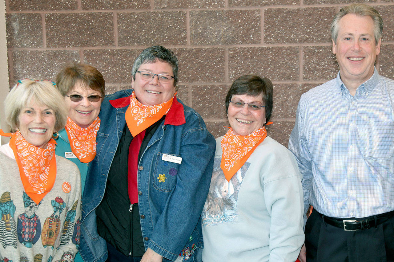From left are Olympic Peninsula Humane Society board directors Linda Crow, Becky Upton, Nancy Booth and Carol Johnson, and Bill Koenig Jr. of Koenig Subaru. (Vivian Elvis Hansen/Peninsula Daily News)