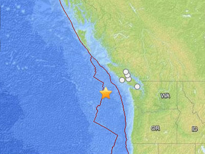 Star marks the epicenter of the quake swarm about 180 miles west of Neah Bay early today. The red lines designate tectonic areas at which the North American and Pacific plates meet.