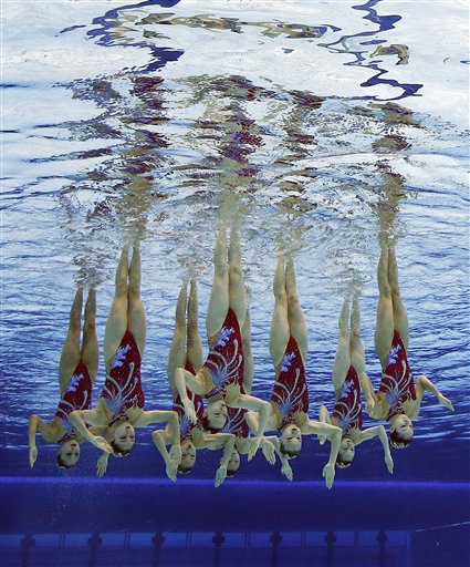 A Chinese team competes underwater in synchronized swimming event at the London Olympics. The Associated Press (click on photo to enlarge)