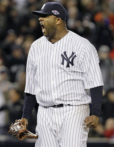New York Yankees starting pitcher CC Sabathia reacts after Baltimore Orioles' J.J. Hardy grounded out to end the eighth inning of Game 5 of the American League division baseball series. The Associated Press