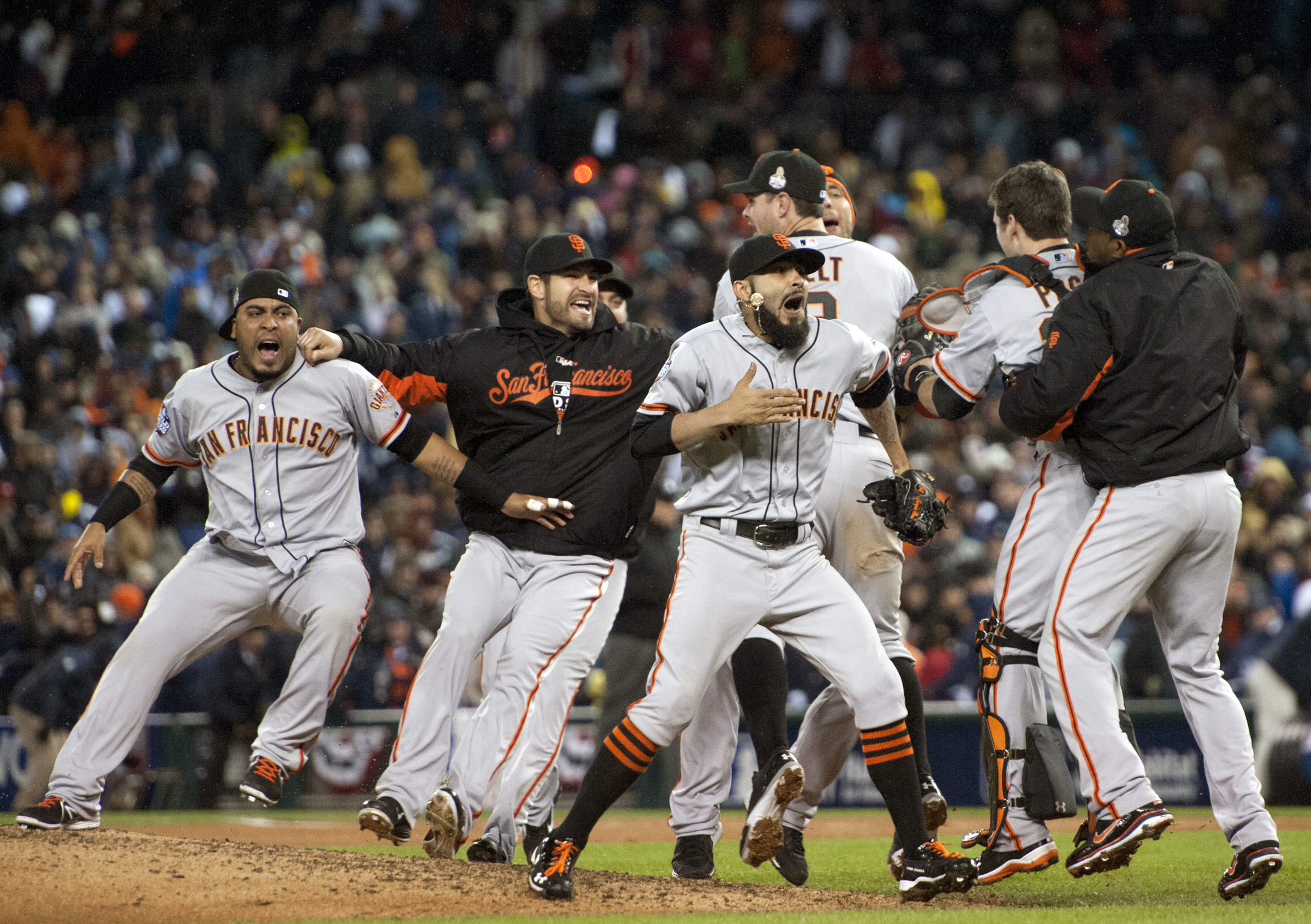 The San Francisco Giants celebrate defeating the Detroit Tigers in Game 4 of baseball's World Series on Sunday. The Giants won the World Series 4-0. Paul Kitagaki Jr./The Associated Press