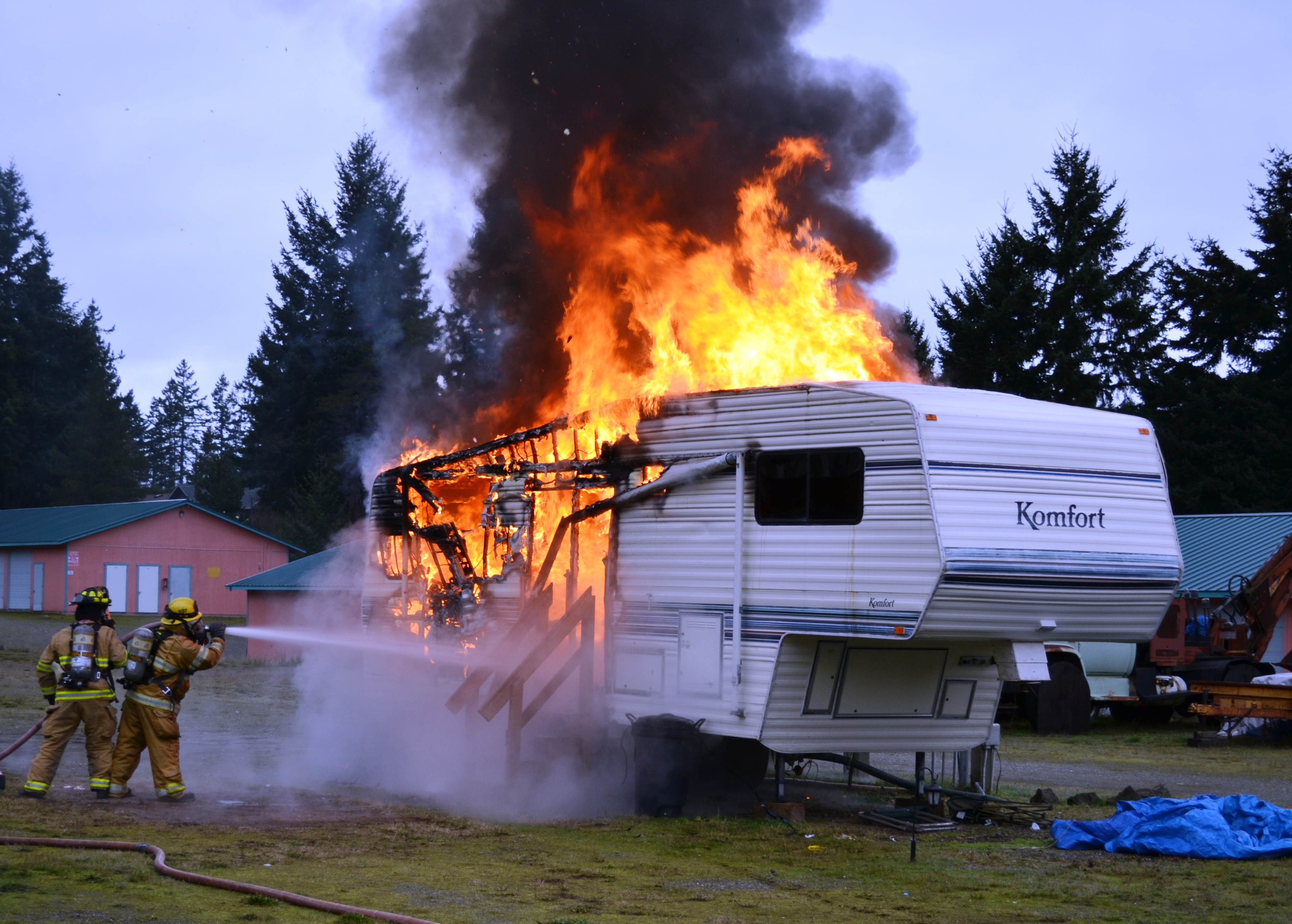 East Jefferson firefighters train water on the Port Hadlock fifth-wheel trailer. Bill Beezley/East Jefferson Fire-Rescue