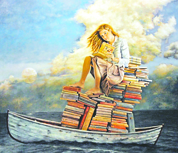 “Girl with Books on Boat