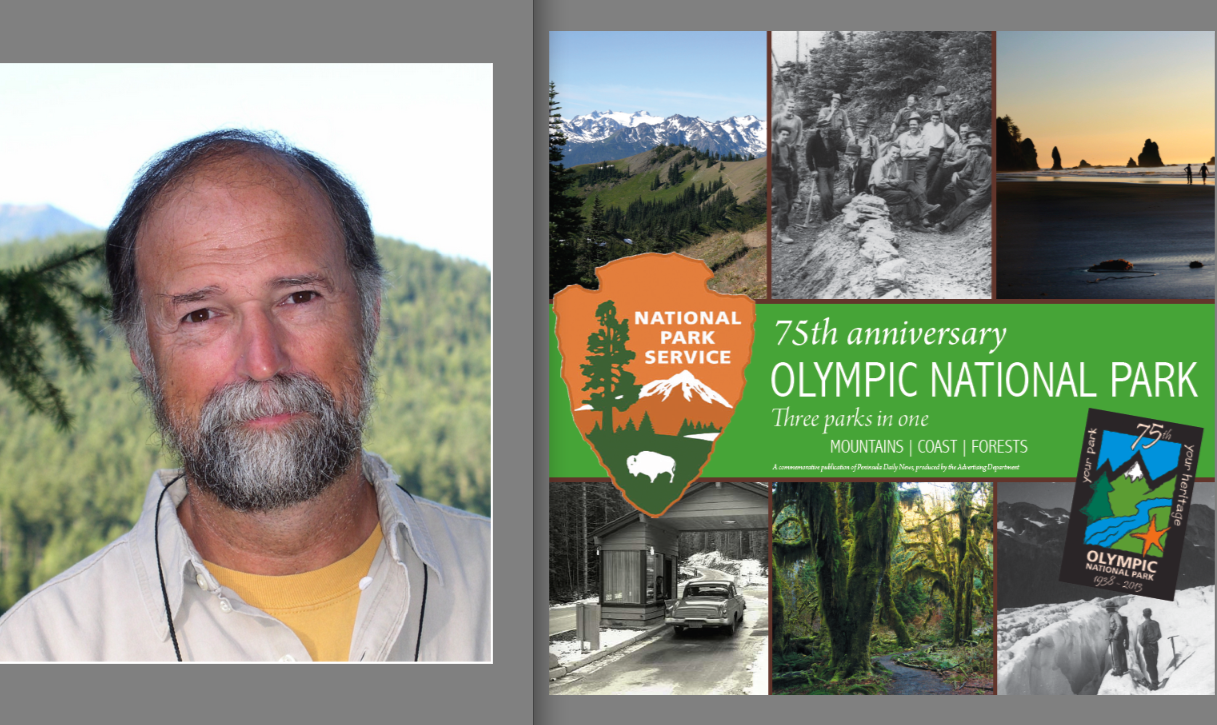 Tim McNulty and the cover of Peninsula Daily News' special section on Olympic National Park's 75th anniversary