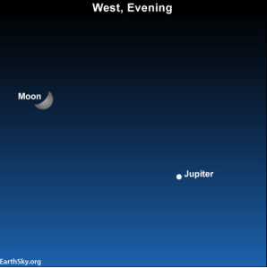 The waxing crescent moon and planet Jupiter will be in the western sky after sunset tonight (Monday). Clouds permitting