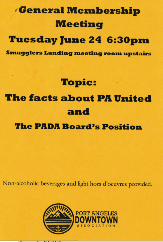 Flier delivered to downtown merchants in Port Angeles inviting them to tonight's meeting.