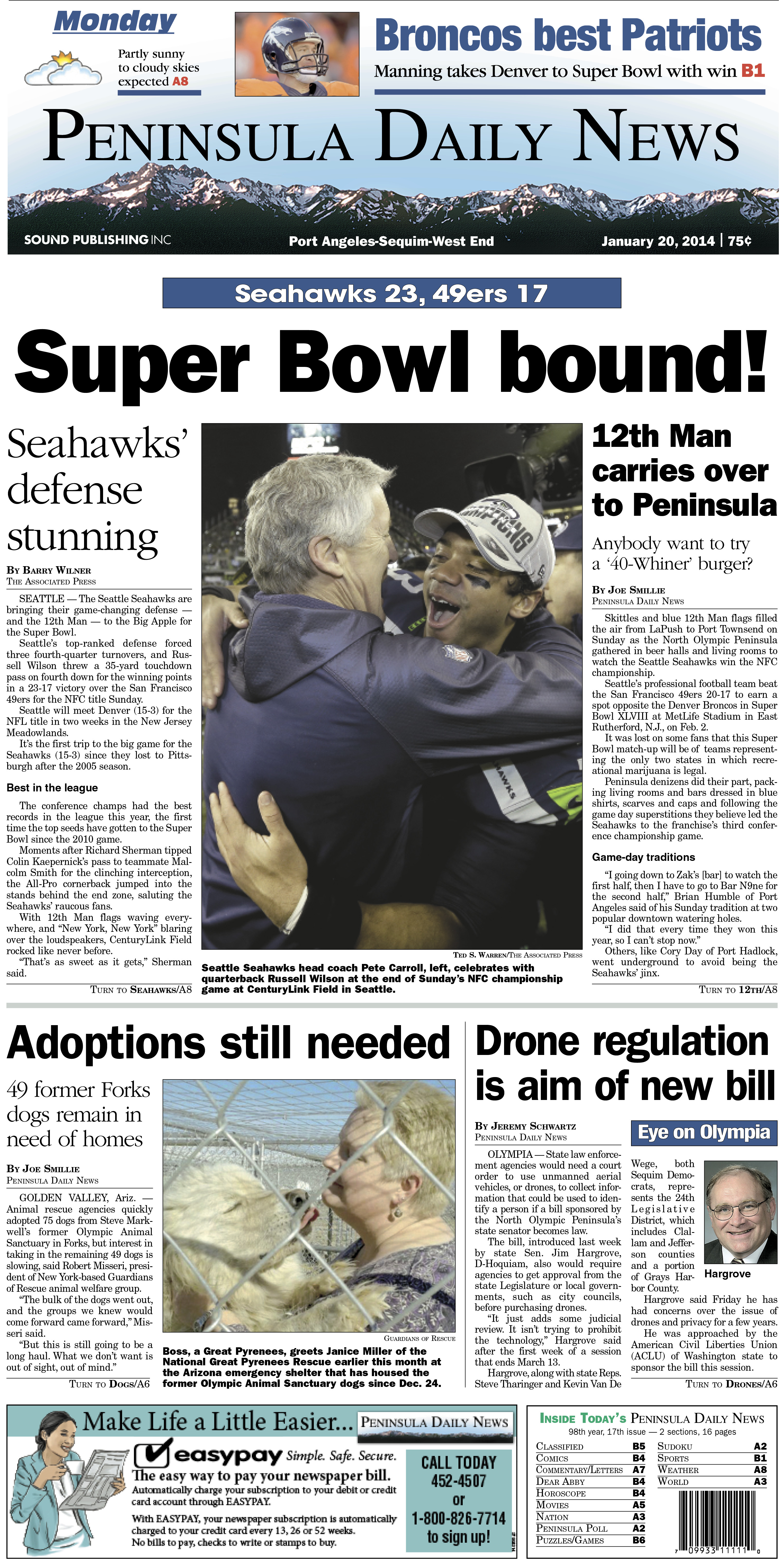 Today's front page celebrates the Seattle Seahawks' big win over the San Francisco 49ers.